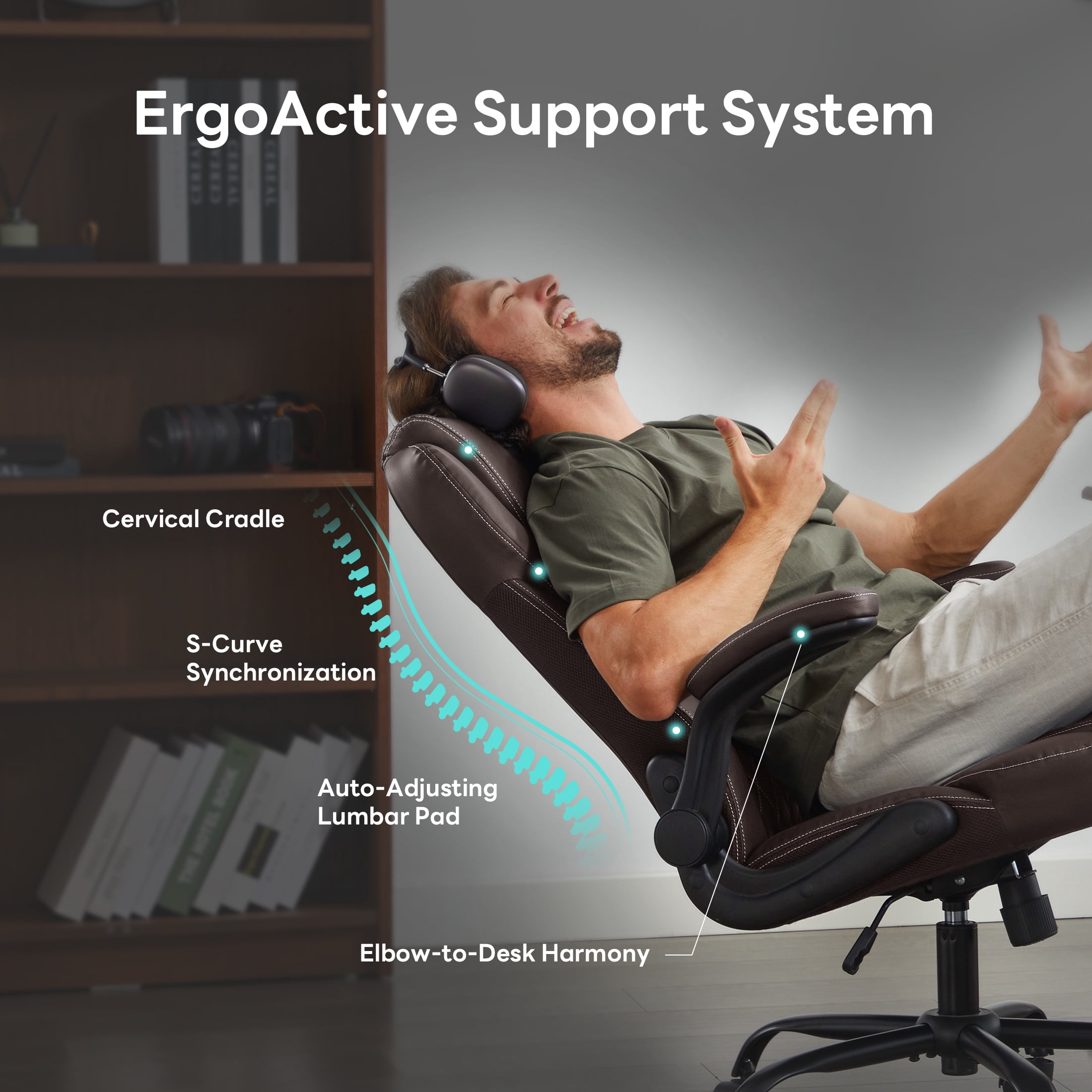 TMV Office Chair, Ergonomic Big and Tall Computer Desk Chairs, Executive PU Leather Chair with Adjustable Flip-up Armrests, Lumbar Support Swivel PC Chair with Rocking Function，Brown