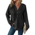 thumbnail image 2 of YDDIAN V Neck Sweatshirt Women Soft Button Down Waffle Knit Pullover Drawstring Long Sleeve Sweaters Summer Beach Sweatshirts Black S, 2 of 7
