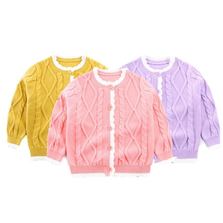 

Esaierr 1-7T Kids Baby Girls Solid Color Cardigan Sweaters Coats Cotton Fall Knitted Coats Sweet Crewneck Girls Knit Tops