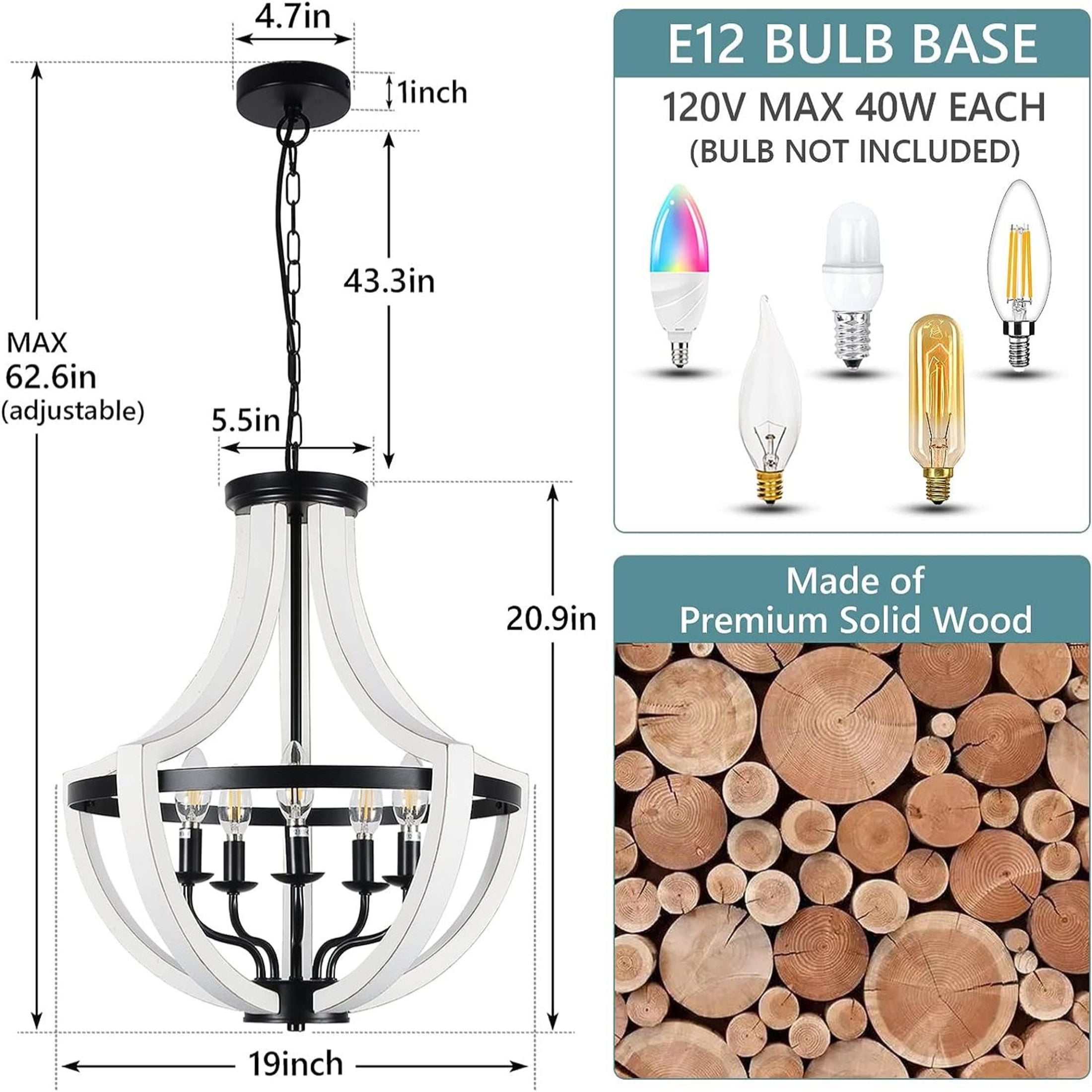 Noble House 19" 5-Light Solid Wood Farmhouse Chandelier, Rustic Candle Ceiling Light for Dining Room, Bedroom, White