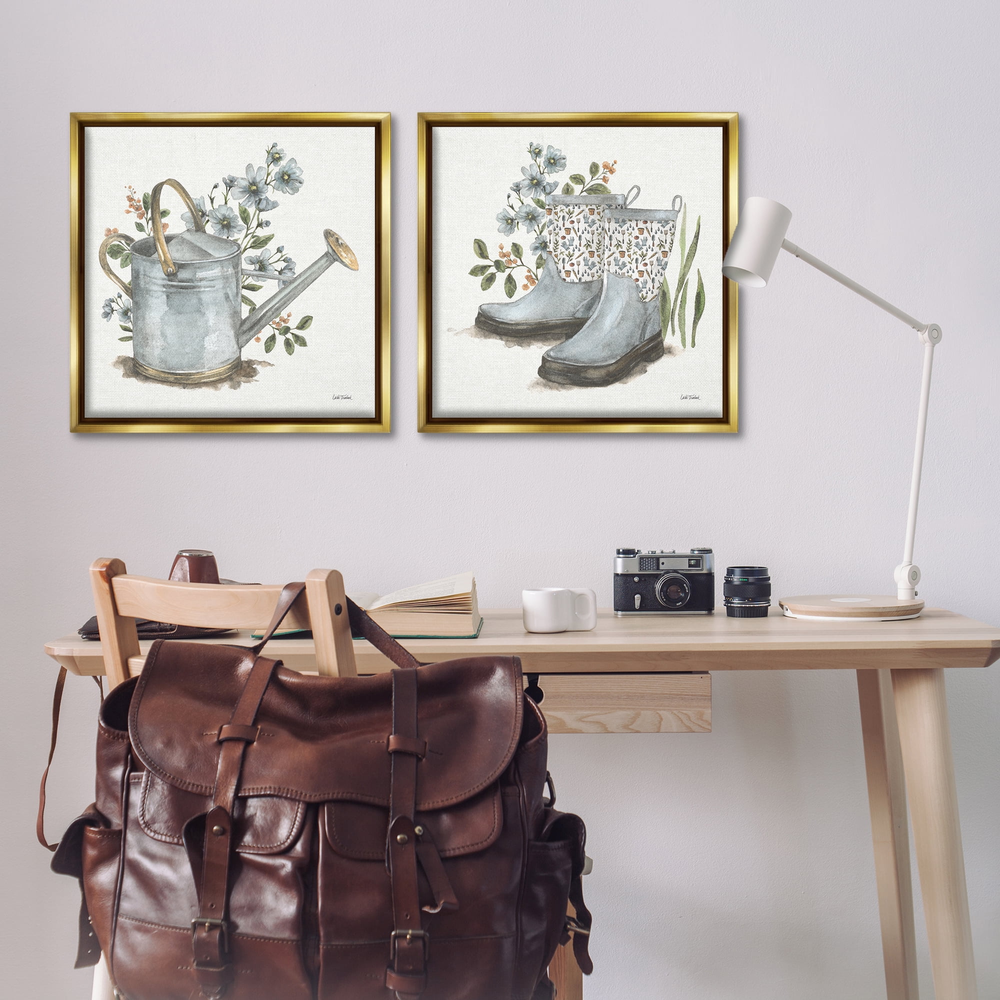 Stupell Industries Floral Watering Can Gardening Boots Plants & Flowers Painting Gold Floater Framed Canvas Art Print Wall Art, 25 x 25, Set of 2