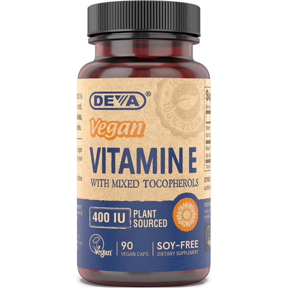 DEVA Vegan Vitamins Natural Vitamin E 400IU with Mixed Tocopherols, Supports Immune System & Skin Nutrition, Natural Antioxidant & Gluten Free, Dairy Free, Non-GMO, 90 Capsules