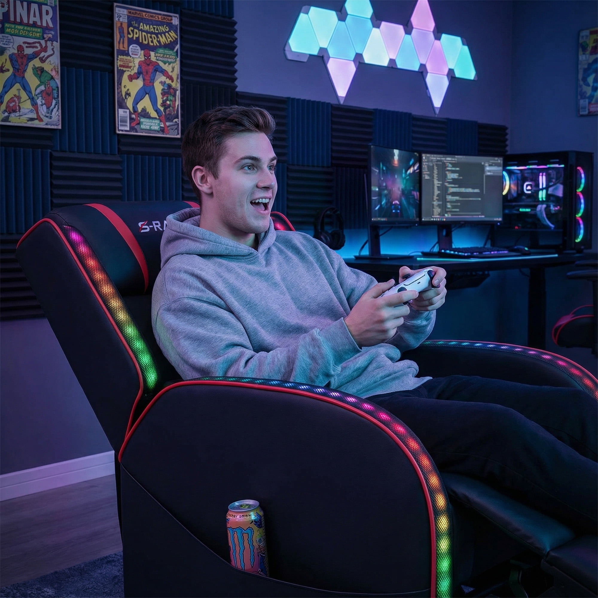 Homall RGB LED Lights Gaming Massage Recliner Chair Racing Style Single Living Room Sofa Ergonomic Home Theater Seating with Massage Lumbar Support, Red