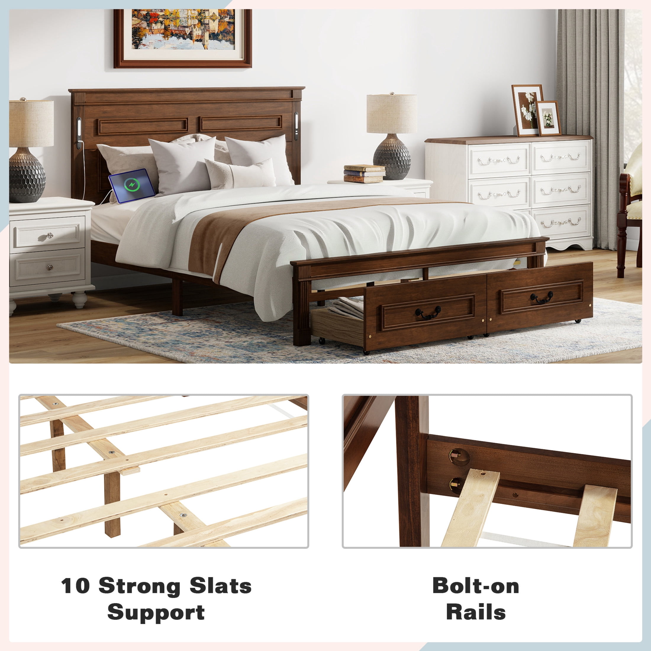 Noble House Corneille Queen Farmhouse Bed with LED Headboard, USB Charging Station, Storage Drawers, Pine Wood, Walnut