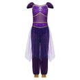 thumbnail image 3 of TiaoBug Kids Arabian Princess Jumpsuit for Girls Belly Dance Outfit Sequin Tulle Overlay Pants Romper Purple 6, 3 of 5