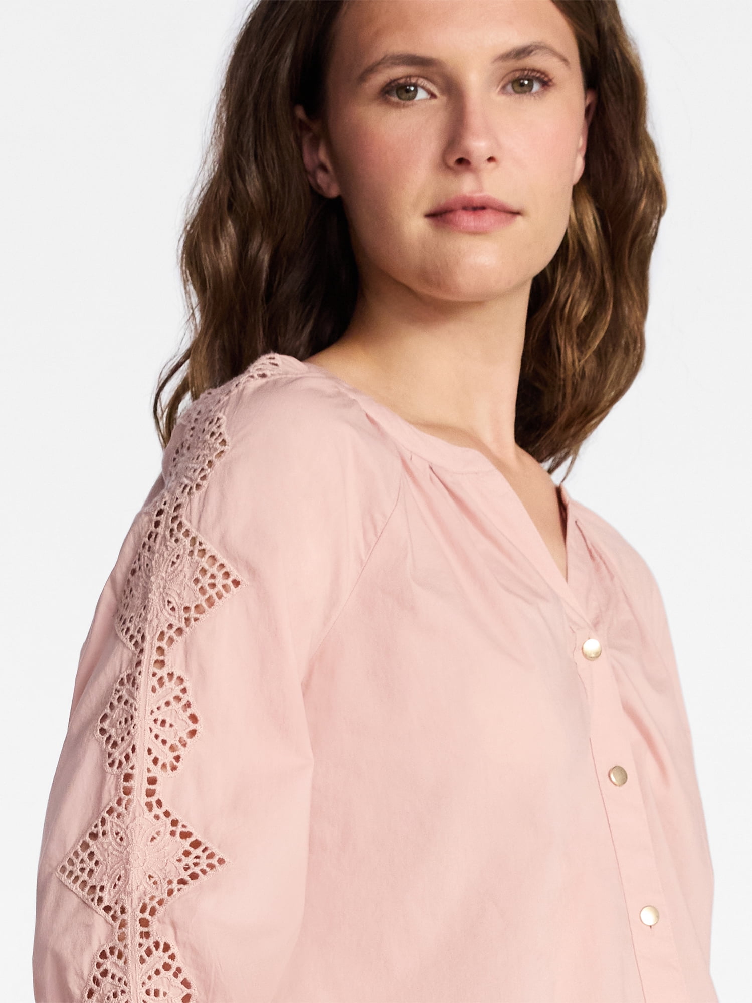 Time and Tru Women's Eyelet Blouse with Long Sleeves, Sizes XS-XXXL