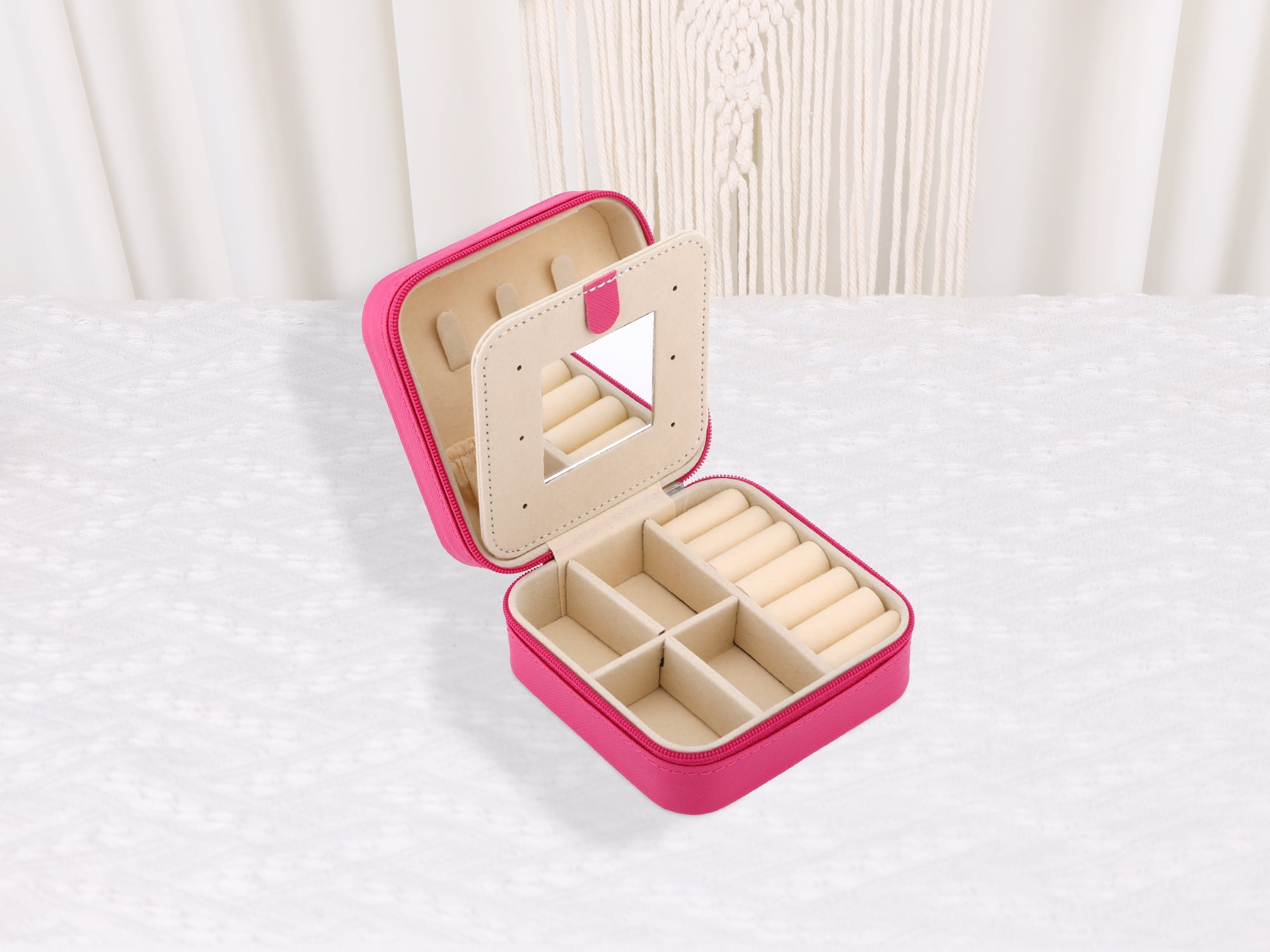 Unique Bargains Mini Travel Jewelry Box with Mirror Rose Red