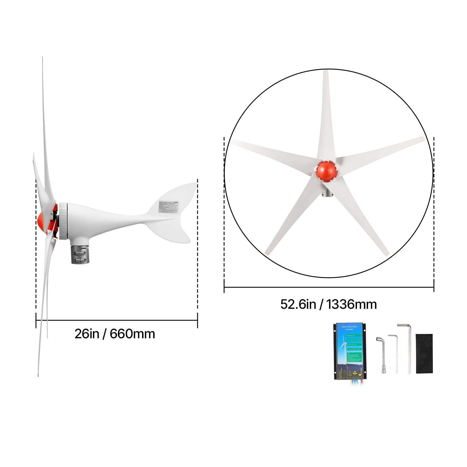VEVOR 800W 12V Wind Turbine Generator, 5-Blade Wind Turbine Kit with Wind & Solar Hybrid Controller,Efficient 3-Phase AC Permanent Wind Power Generator for RV Boat Home Farm (Tower Pole Not Included)