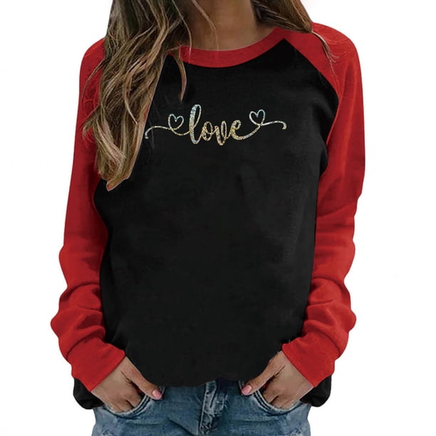 Camiseta de manga larga con estampado de día de San Valentín a juego de color raglán con cuello redondo informal para mujer Fridja czfsfas105