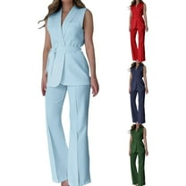 Jinhomg Women's 2 Piece Business Casual Outfits Sleeveless V Neck Blazer Vest and Wide Leg Pants 2025 Fashion Office Work Clothes with Belt Green M