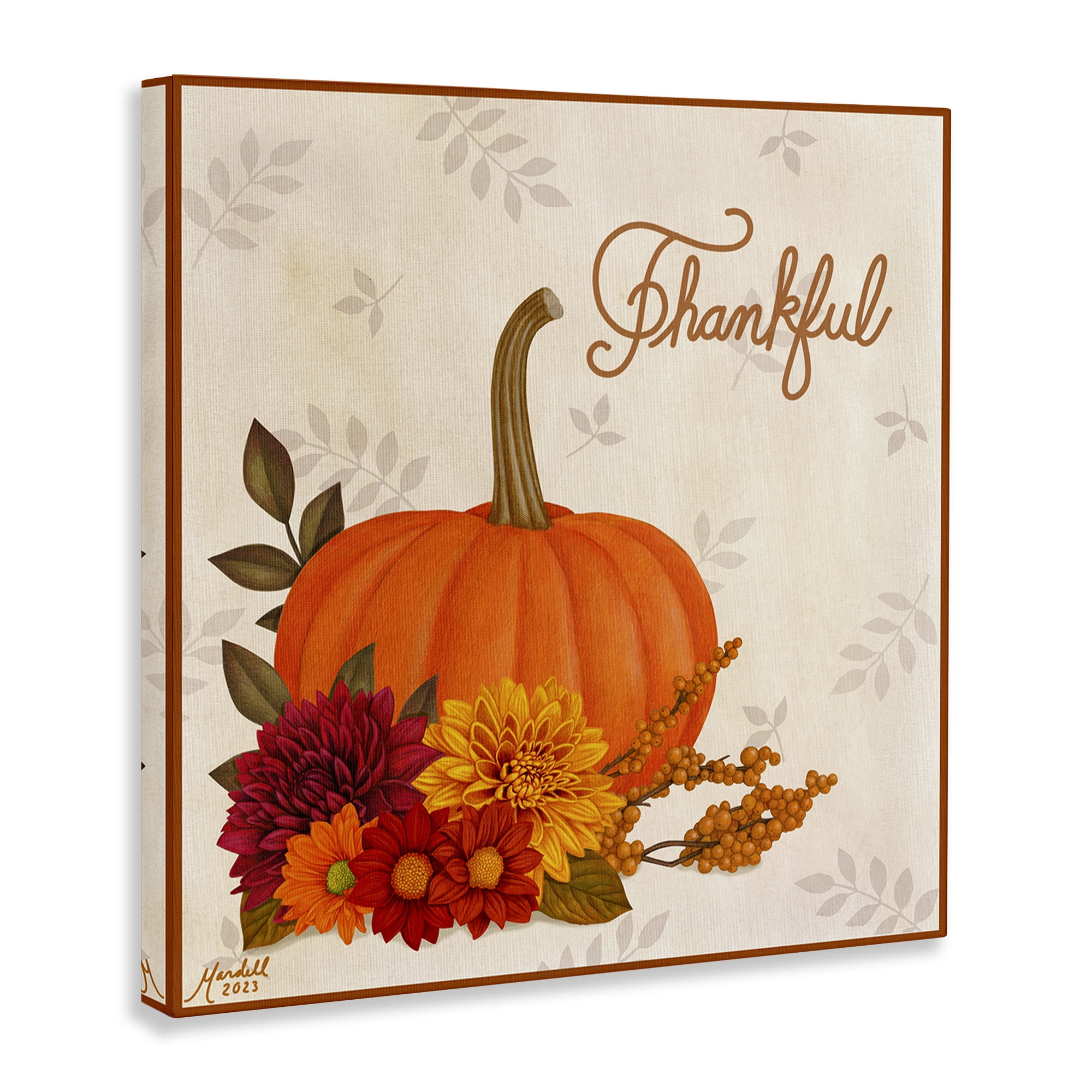 Stupell Industries Thankful Pumpkin & Florals Holiday Painting Gallery Wrapped Canvas Art Prints Wall Art, 24 x 24