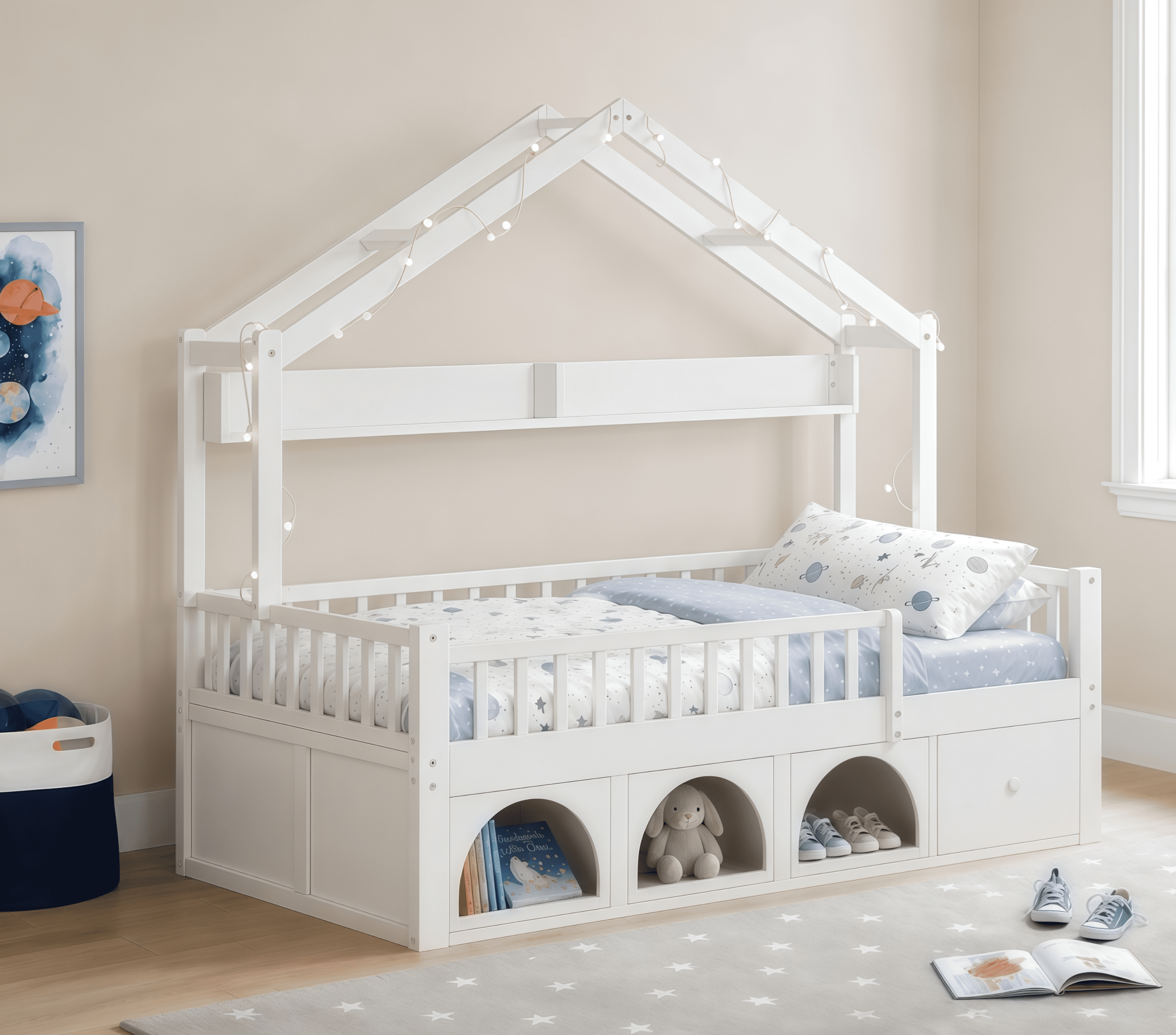 Euroco Wood Twin Size Platform Bed with Drawers and Cabinets, House Bed with LED Light and Bookshelf, White