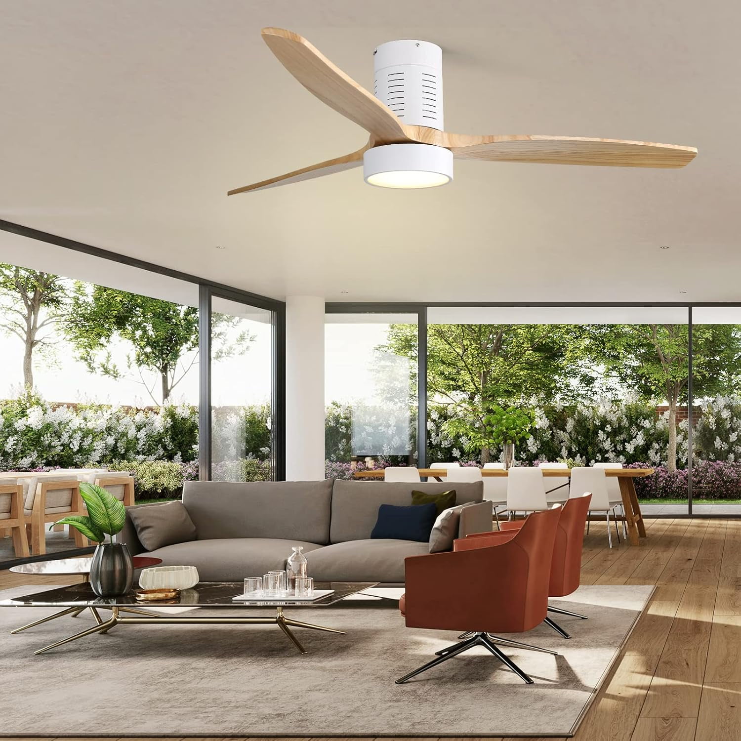 Sofucor 52 In Ceiling Fan Flush Mount Modern Wood Blades With Light Remote - 6 Speed, LED