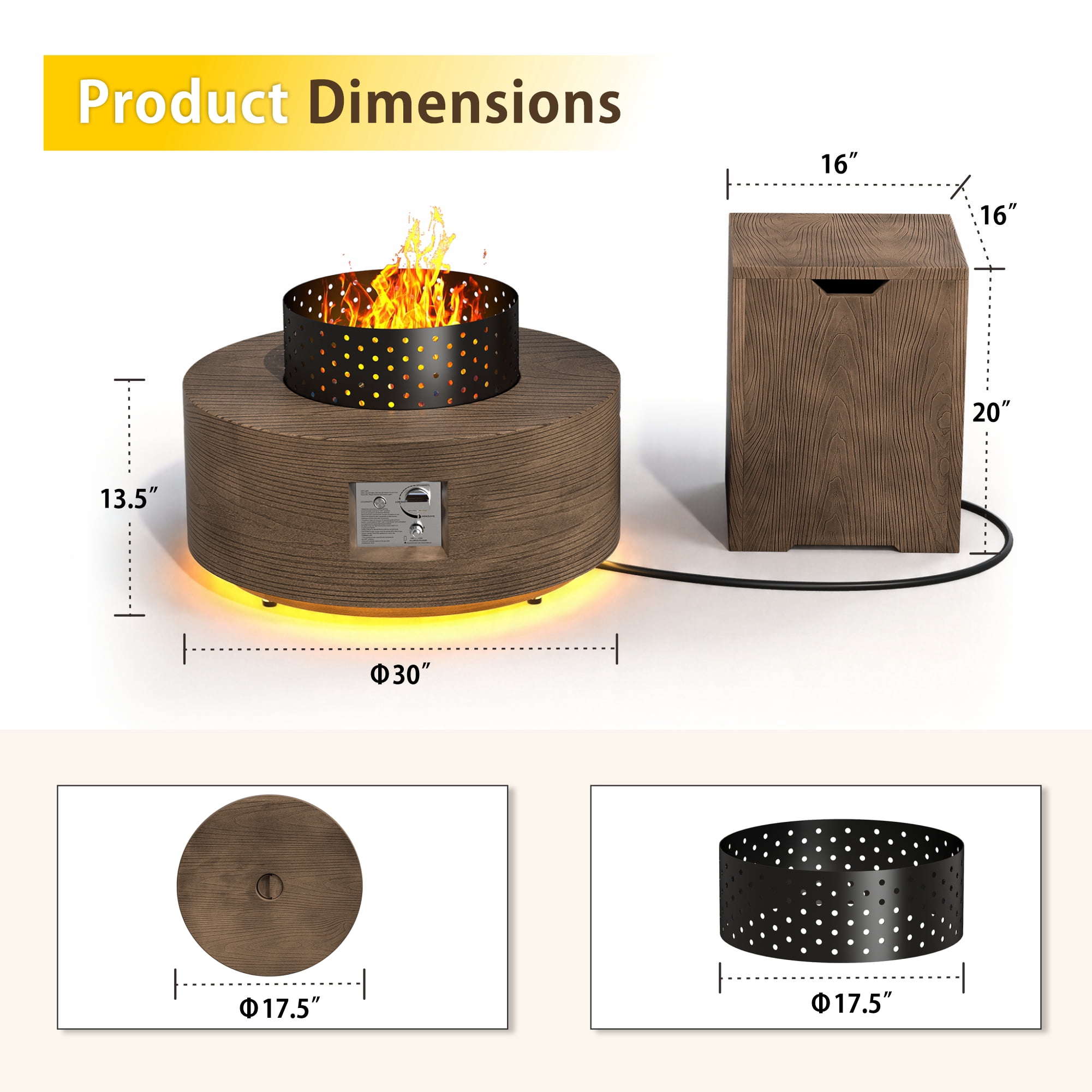 30 in. Round Propane Firepit Table with Golden LED Light, 50,000 BTU Outdoor Fire Pit Table in Dark brown Wood Grain