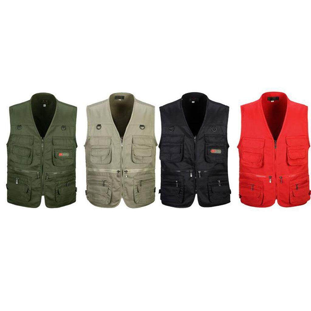 Men s Utility Multi Pocket Zip Hunting Fishing Jacket Multi Pocket Waistcoat Travel Outdoor Vest Red XXXL