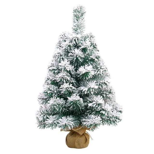 2 ft flocked pine artificial Christmas tree with snowy branches and 30 integrated lights, designed for desktop Christmas lighting decoration. This mini Christmas tree features a burlap base, ideal for festive table displays or gifting during the holiday season.