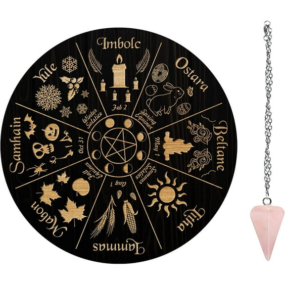 7.8" Witch Star Pendulum Board Wooden Dowsing Planchette with Rose Quartz Crystal Dowsing Pendulums Witchcraft Divination Tools for Spirit Altar Decoration - Wheel of The Year DIY