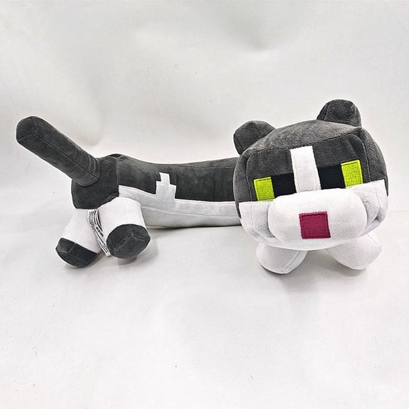 Pixel Cat Block Plush Toy - 15.7" Long Soft Sandbox Tamed Animal Stuffed Doll with Green Eyes & Pink Nose - Washable Stress Relief Buddy for Gamers, Teens & Adults