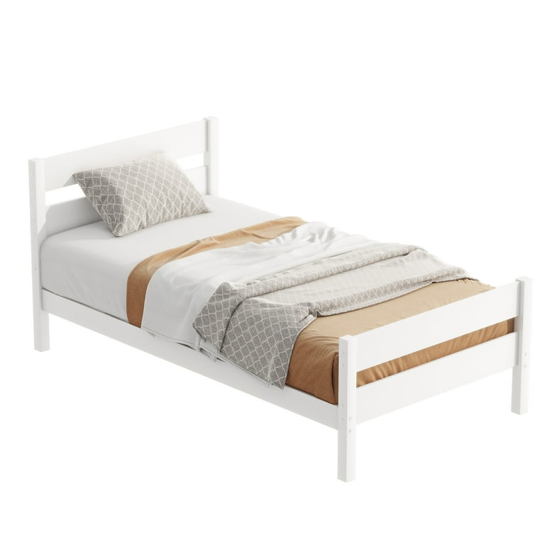 ベッドフレーム Single bed with Hard mattress White Rubberwood Single Bed with Headboard & Footboard - Spacious