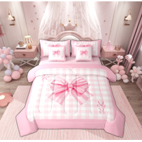 Manfei Princess Pink Ribbon Bedding Comforter Set 7pcs for Girl, Cartoon Monogrammed R Queen Bedding Sets, Buffalo Plaid Reversible Queen Sheet Sets, Microfiber Bedroom Decor