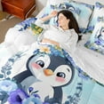 thumbnail image 4 of Castle Fairy Cartoon Animal Penguin Bedding Comforter Set 7-Piece for Preppy Child,Chic Blue Purple Floral Flowers King Bedding Sets,Spring Garden Ultra Soft Bed Sheets,Super Cozy Room Decor, 4 of 8