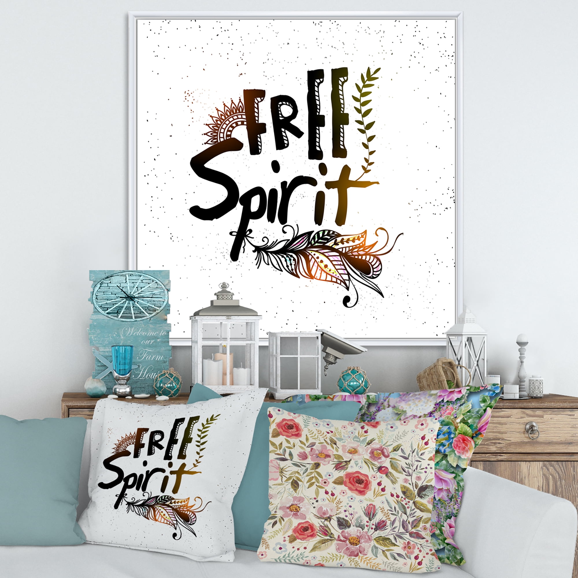 Designart 'Free Spirit Ethnic Feather' Bohemian & Eclectic Framed Canvas Wall Art Print