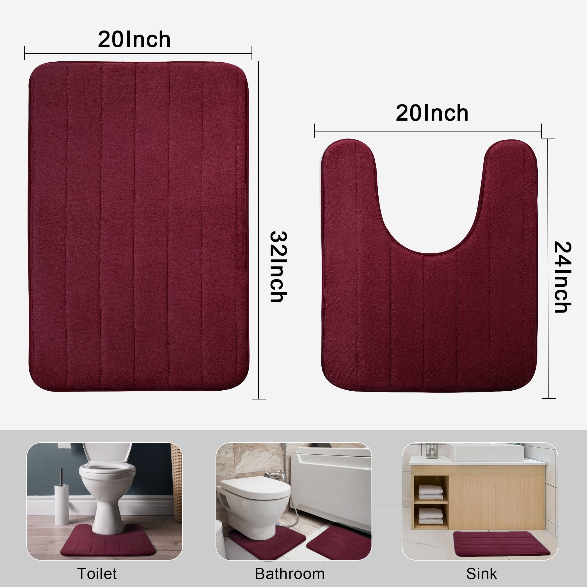 Unique Bargains 2-Pack Memory Foam Non-slip Washable Bath Toilet Pads Mats Rug Burgundy 32"x20"