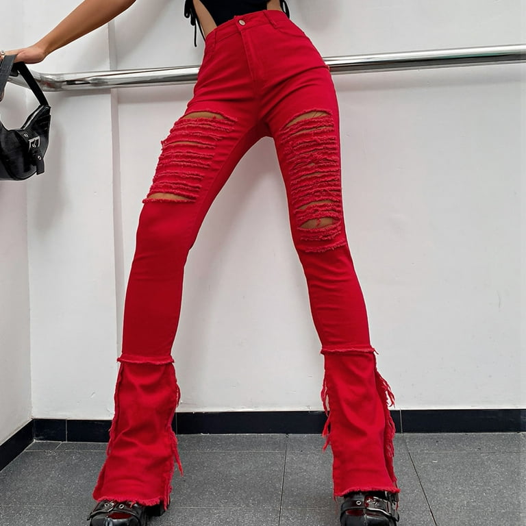 RYRJJ Women Skinny Bell Bottom Jeans Button High Waist Ripped Flared Jean  Destroyed Raw Hem Flare Denim Pants(Red,L) 