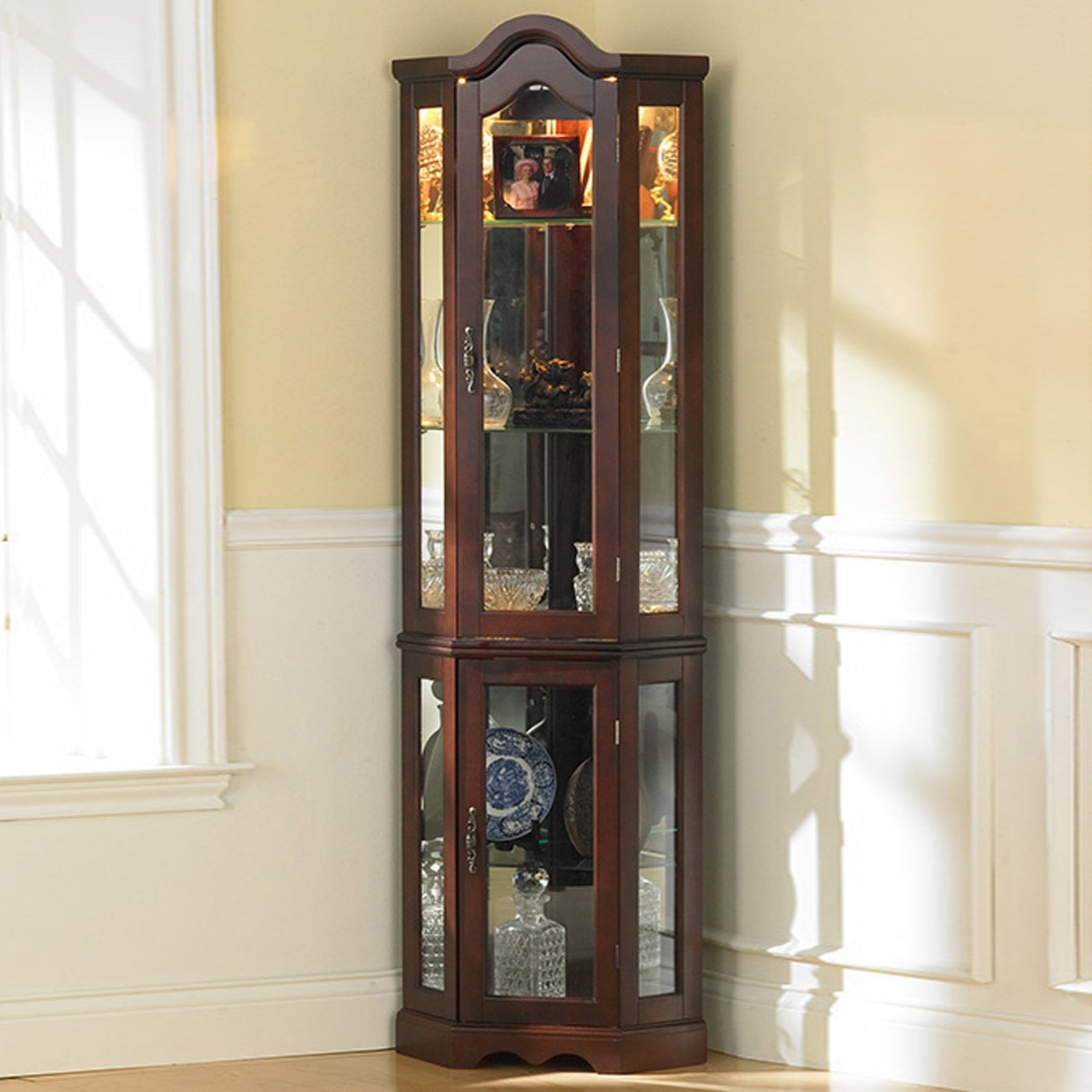 Lighted Corner Curio Cabinet Mahogany Box 1 Of 2 Walmart