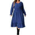 thumbnail image 1 of Vestido Largo Casual de Manga Larga de Cintura Alta con Volantes y Bolsillos para Mujeres de Talla Grande Agnes Orinda 1X Azul Real, 1 of 6