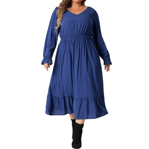 Vestido largo casual elegante de manga larga con cintura alta y dobladillo con volantes para mujeres de tallas grandes Agnes Orinda con bolsillos 3X azul real