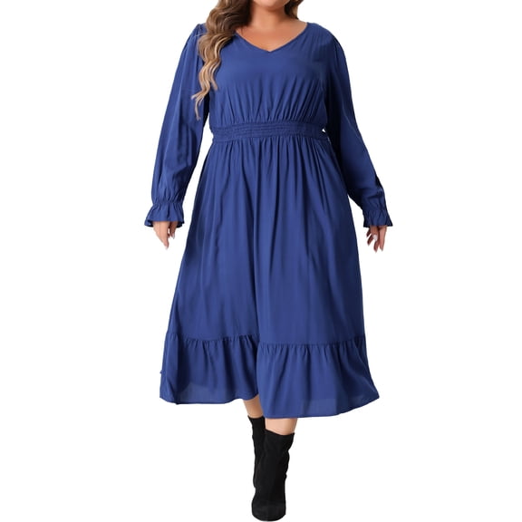 Agnes Orinda Women's Plus Size Elegant Long Sleeve High Waist Ruffle Hem Casual Long Dress with Pockets 1X Royal Blue
