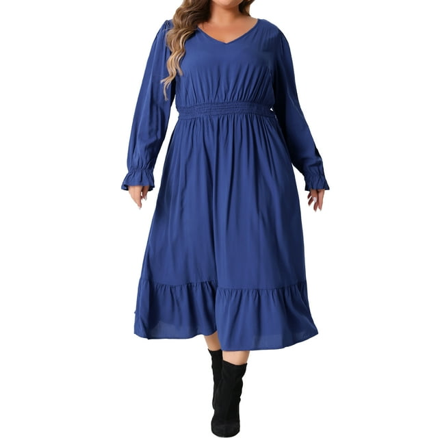 Vestido Largo Casual de Manga Larga de Cintura Alta con Volantes y Bolsillos para Mujeres de Talla Grande Agnes Orinda 1X Azul Real