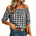thumbnail image 2 of Setooff Womens Shirts, Gingham Off Shoulder Bubble Sleeve Shirts for Women, Elastic Ruffle Neck Loose Casual Summer Blouse, 2 of 7