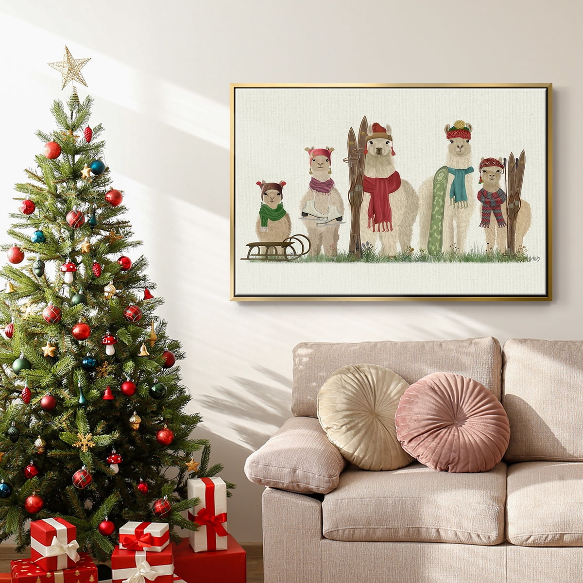 Llama Family Winter Sports - Framed Gallery Wrapped Holiday Canvas - 17 x 25 - Gold Frame
