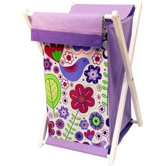 Bacati - Botanicals Hamper with Cotton Percale cover, mesh liner and Natural Color Wooden frame, Purple