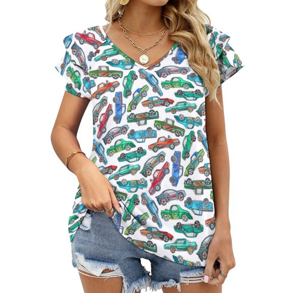 T-Shirt Women'S Toy Car Pile Up Ruffle Short Sleeve T Shirts Summer V Neck Tops Fashion Casual Tee Shirt Cars Car Toy Watercolor Patter