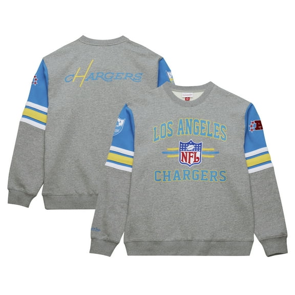 Men's Mitchell & Ness Heather Gray Los Angeles Chargers All Over 4.0 Vintage Logo Pullover Sweatshirt