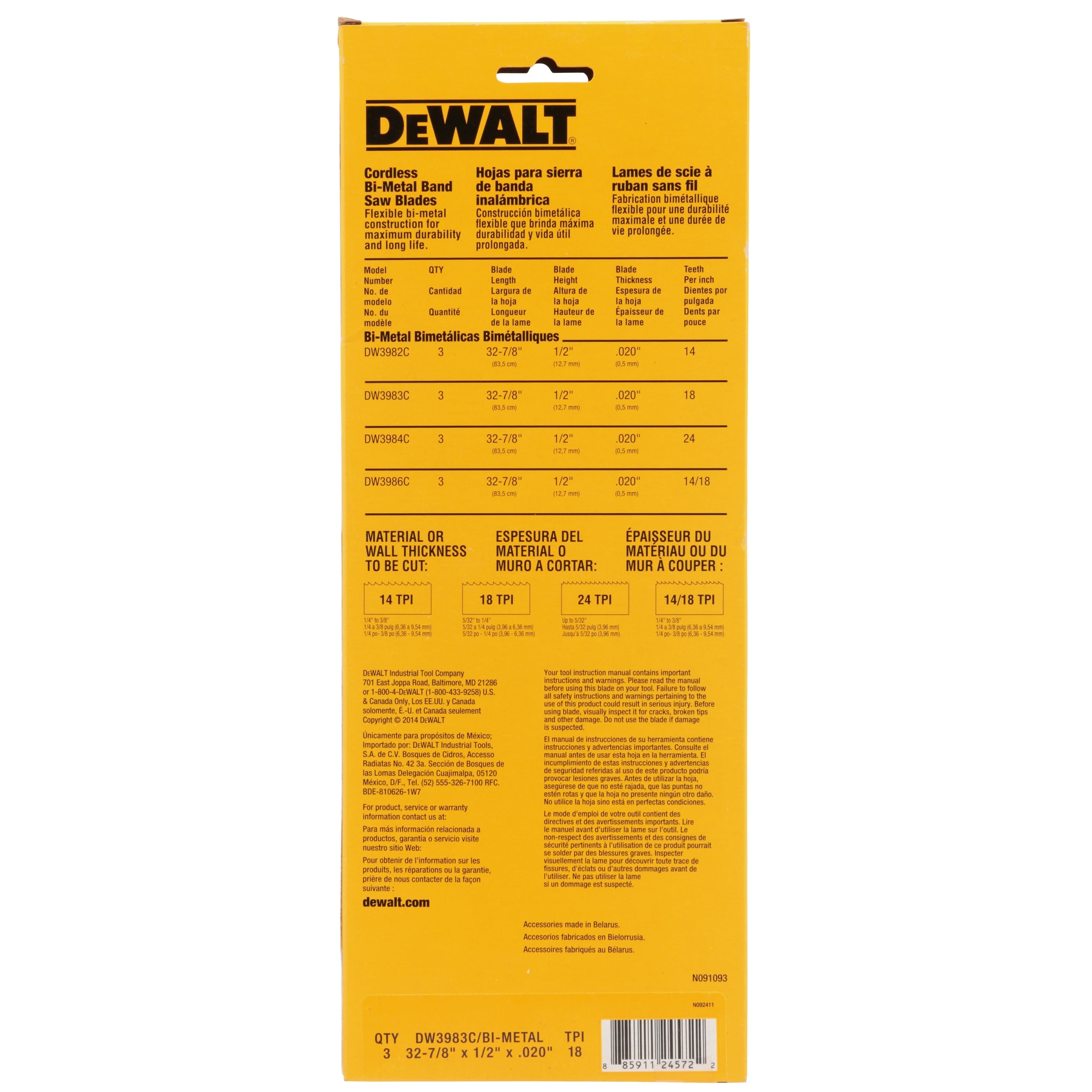 DeWalt Cordless Band Saw Blade, 18 TPI, 1/2" W, 32-7/8" Cut L, 3 PK(115-DW3983C)