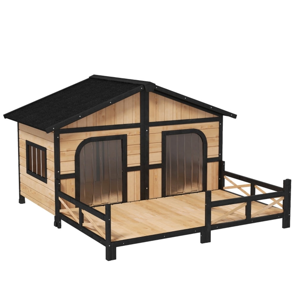 Kadyn Cabin Style Raised Dog Shelter with Roof, Doors, and Window, Wooden Dog House Outdoor with Porch, for Medium Large Sized Dog, Natural