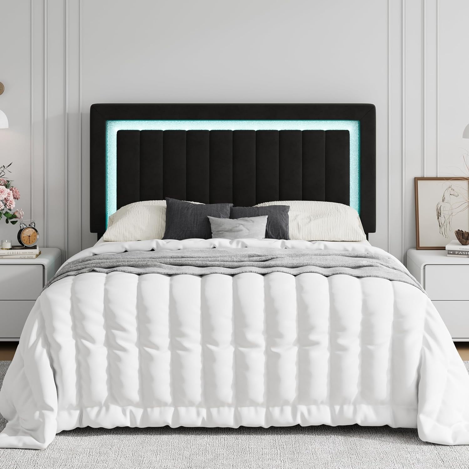 SHA CERLIN Queen Size Velvet Bed Frame with LED Light, Adjustable Vertical Channel Tufted Headboard, Strong Wooden Slats Support, Noise-Free, No Box Spring Needed, Black