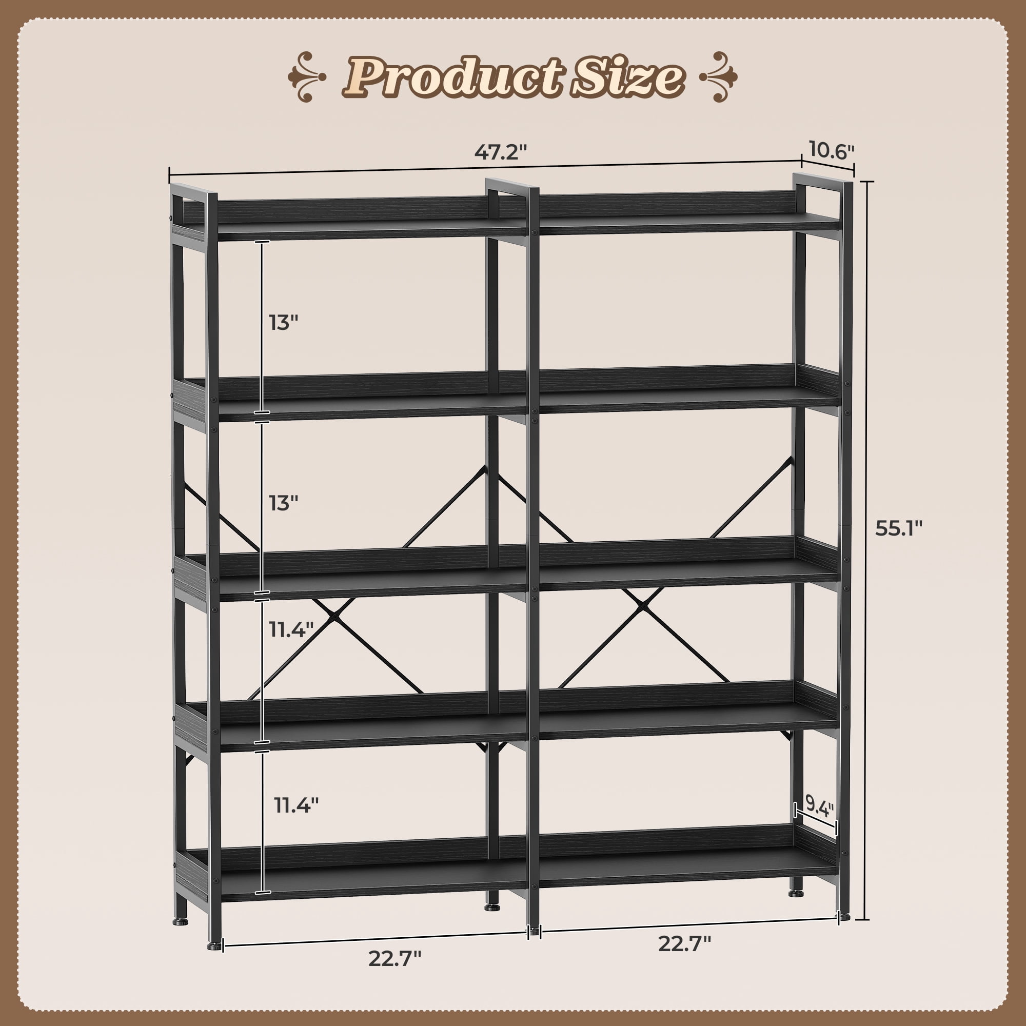 Amadwell 5-Tier Bookshelf with 10 Open Shelves, 47" Freestanding Bookcase, Sturdy Metal Frame, for Living Room, Black