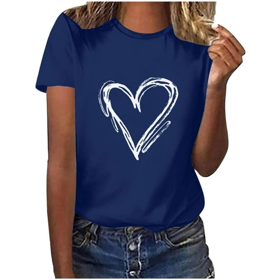 Zpanxa Valentines Shirts for Women Fashion Crewneck Print Short Sleeve T-Shirt Casual Loose Shirt Blue A
