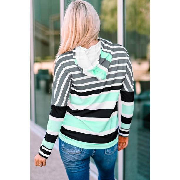 ABPHQTO Sudadera con capucha de manga larga con cordón de rayas verdes para mujer