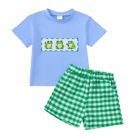 YDFCWXW Boys Frog Pattern Smocked Shirt and Shorts 2Pc Summer Outfit Toddler Little Boys Wear (Blue, 3-4 Years)