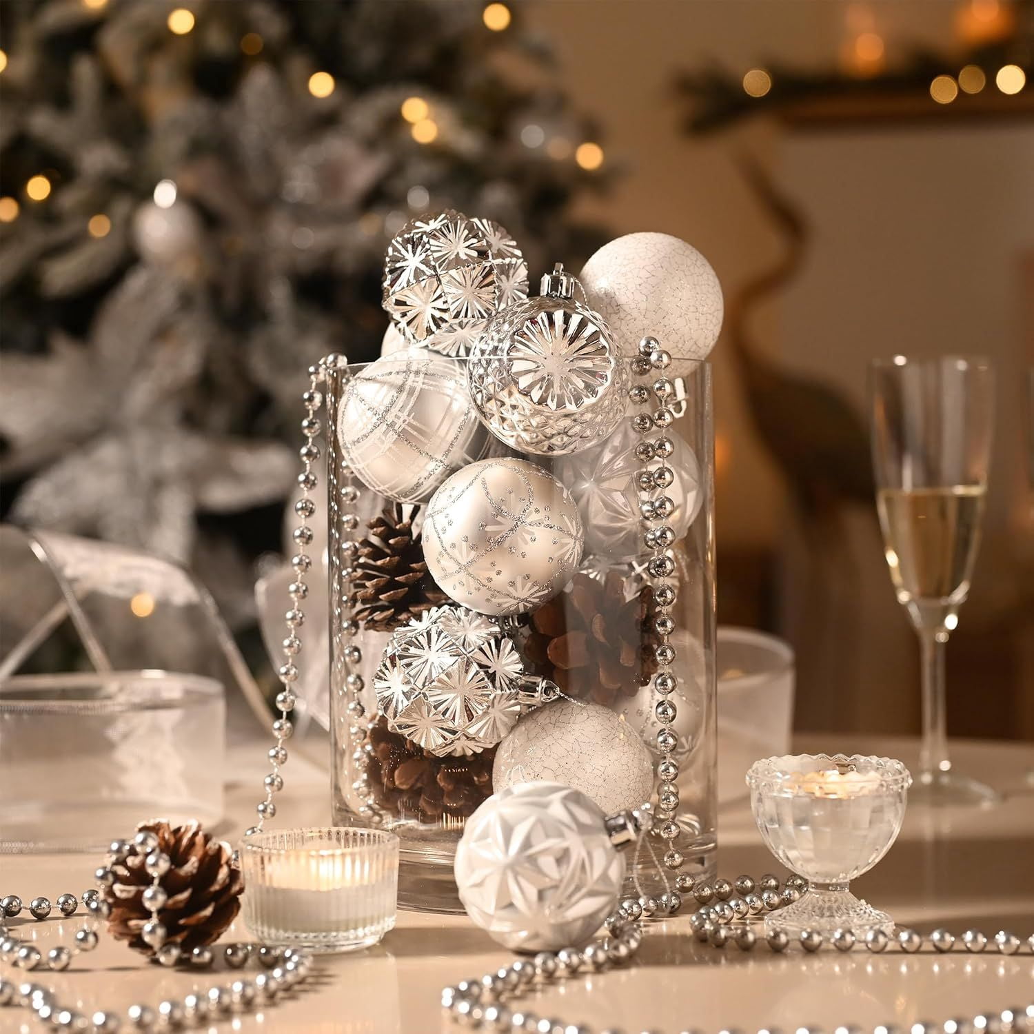 Ornaments for Christmas Trees, 16ct 2.36 Inches White and Silver Shatterproof Christmas Tree Decorations, Hanging Ball Ornaments for Xmas Holiday Party Decor