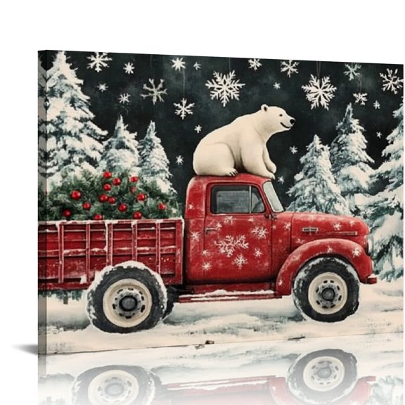 Autua Polar Bear Christmas Trees Canvas Wall Art for Living Room Bedroom Home Office Decor 20x16in