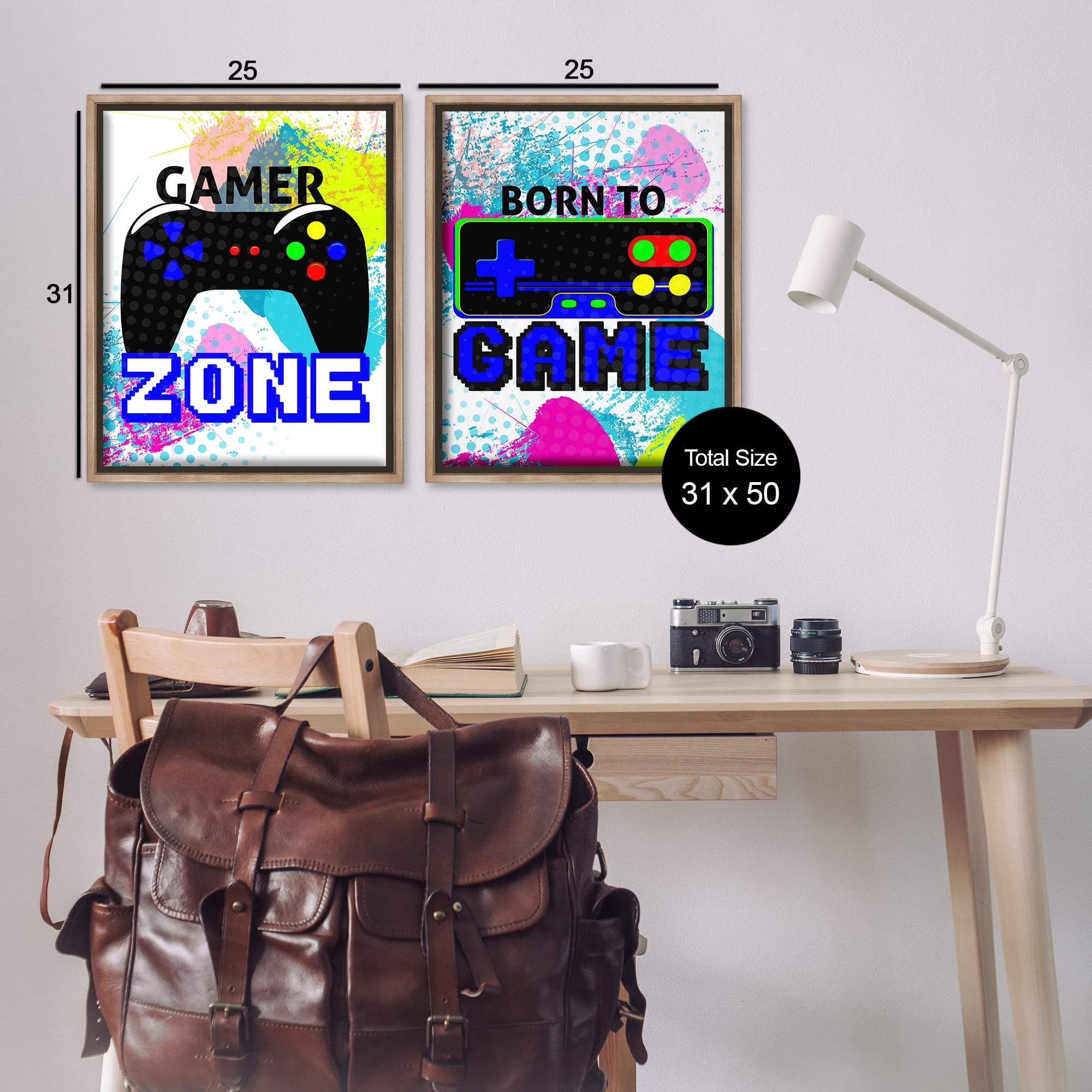 Stupell Industries Gamer Zone Splash Remote Entertainment Painting Brown Floater Framed Canvas Art Print Wall Art, 31 x 25, Set of 2