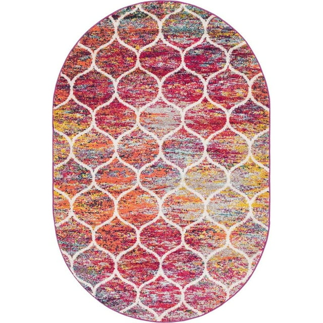 Unique Loom Treillis Frise Tapis Géométrique 4' x 6' Ovale Multi/rouge