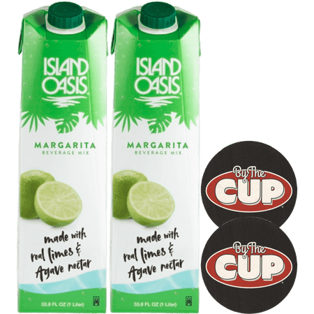Island Oasis Margarita Beverage Mix 1 Liter (Pack of 2) with By The Cup Coasters